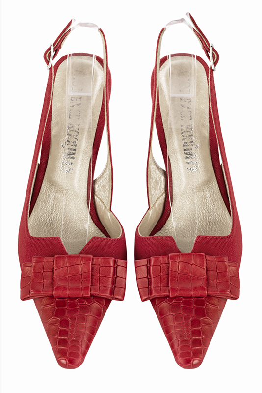 Scarlet red women's open back shoes, with a knot. Tapered toe. High slim heel. Top view - Florence KOOIJMAN